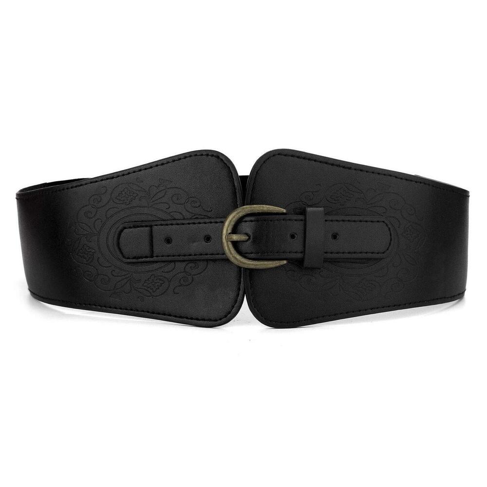 2329 Ladies Interlocking Buckle Stretchy Band Waistbelt Cinch Belt Black-4 One
